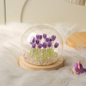 (Twenty Purple Tulips) Glowing Tulip Dome Lamp | Wooden Base | Bedside Table Decoration