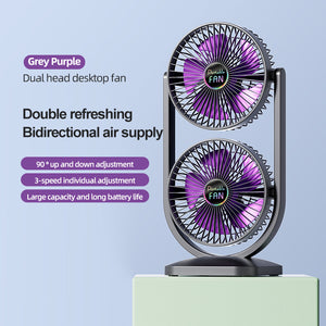 Desk Fan | USB Rechargeable | Dual Head | Portable Double Air Circulator | Purple