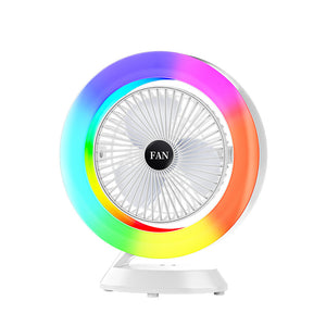 RGB Desktop Fan | White | USB Rechargeable | 3-Speed | 180° Adjustable | LED Light