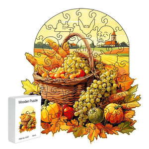 Wooden Jigsaw Puzzle | Fruit & Veggie Basket | Thanksgiving Design | Size S