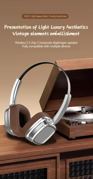 Silver & Brown Compact Retro Headphones | Wireless Bluetooth | Deep Bass | Immersive Sound