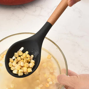 Silicone Kitchen Utensil Set | 12pc | Light Green & Brown | Non-Stick with Wooden Handles