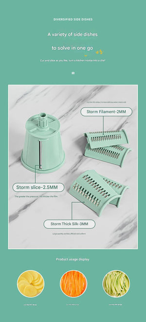 Rotary Vegetable Slicer & Grater | Multi-Function | 5 Blade Types | 10-Piece Set + Storage | Green