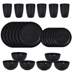 Wheat Straw Dinnerware Set | 24-Piece | Eco-Friendly | Plates, Bowls & Cups | Black