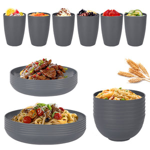Wheat Straw Dinnerware Set | 24-Piece | Eco-Friendly | Plates, Bowls & Cups | Dark Grey