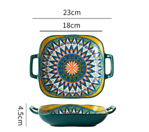 Bohemian Ceramic Plate | 9-Inch Square with Handles | Ember Design