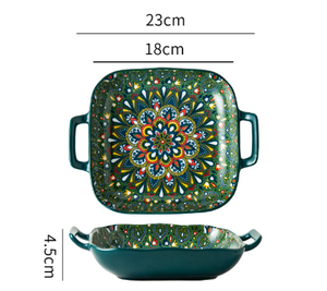 Bohemian Ceramic Plate | 9-Inch Square with Handles | Emerald Plume Design