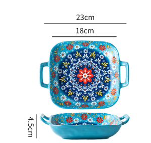 Bohemian Ceramic Plate | 9-Inch Square with Handles | Green Gullicent