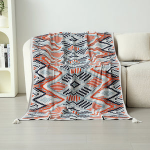 Bohemian Knitted Sofa Blanket | Red-Blue | 130x170cm | 900g | Hotel & Nap Use