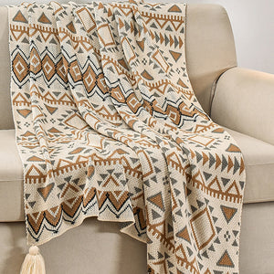 Bohemian Knitted Sofa Blanket | Beige-Grey | 130x170cm | 900g | Hotel & Nap Use