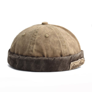 Vintage Cotton Docker Cap | Khaki | Star Patch | Unisex Brimless Beanie