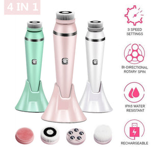 4-in-1 Facial Cleansing Brush | Electric & Waterproof | Bi-Directional Spin | 3 Speeds | USB Rechargeable | White
