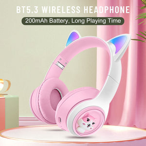 Cat Ear Wireless Headphones | Bluetooth 5.3 | LED Lights | TF Card Slot | Pink