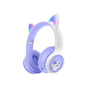 Cat Ear Wireless Headphones | Bluetooth 5.3 | LED Lights | TF Card Slot | Purple