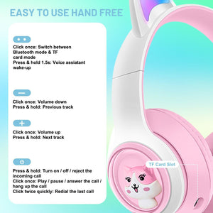 Cat Ear Wireless Headphones | Bluetooth 5.3 | LED Lights | TF Card Slot | Purple