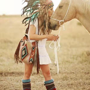 Bohemian Canvas Hobo Bag | Large Shoulder Tote | Tassels & Geometric Print | Green