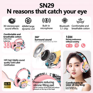 Wireless Headphones | Graffiti Design | Bluetooth 5.1 | 360° Surround Sound | 12h Playtime | Pink