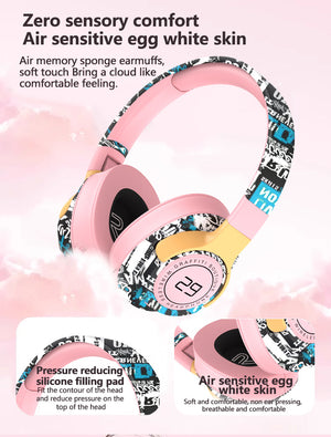Wireless Headphones | Graffiti Design | Bluetooth 5.1 | 360° Surround Sound | 12h Playtime | Pink