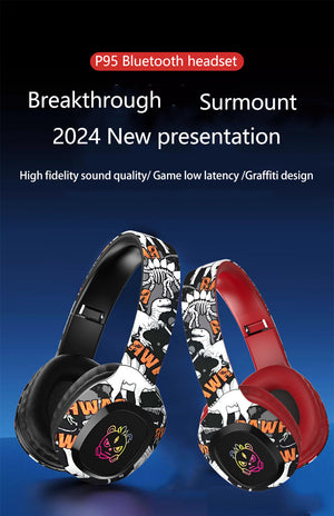 Wireless Headphones | Over-Ear | Graffiti Design | Bluetooth 5.3 | RGB Light | 8h Playtime | Black