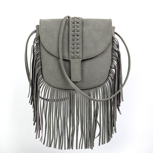 Bohemian Fringe Crossbody Bag | Grey | Suede-Look PU Leather | Braided Strap + Fringe Detail