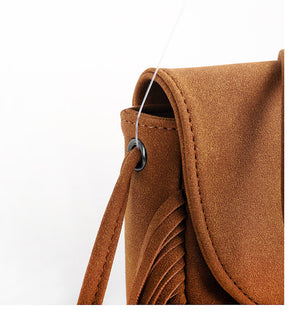 Bohemian Fringe Crossbody Bag | Coffee | Suede-Look PU Leather | Braided Strap + Fringe Detail