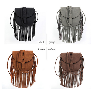 Bohemian Fringe Crossbody Bag | Black | Suede-Look PU Leather | Braided Detail + Adjustable Strap