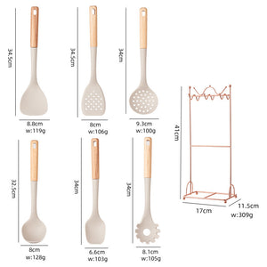 Silicone Kitchen Utensil Set | 7-Piece | Non-Stick Safe | Wooden Handles | Rose Gold Stand | Beige
