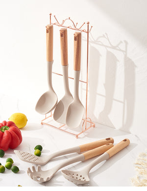 Silicone Kitchen Utensil Set | 7-Piece | Non-Stick Safe | Wooden Handles | Rose Gold Stand | Beige