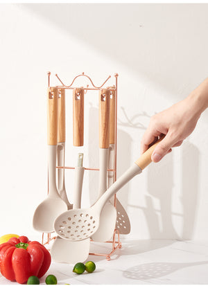 Silicone Kitchen Utensil Set | 7-Piece | Non-Stick Safe | Wooden Handles | Rose Gold Stand | Beige