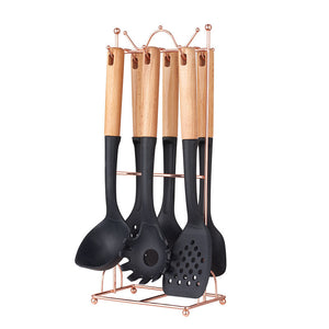 Silicone Kitchen Utensil Set | 7-Piece | Non-Stick Safe | Wooden Handles | Rose Gold Stand | Black