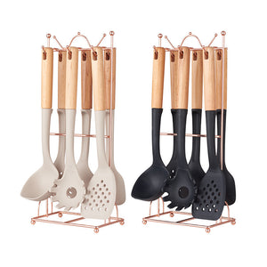 Silicone Kitchen Utensil Set | 7-Piece | Non-Stick Safe | Wooden Handles | Rose Gold Stand | Black