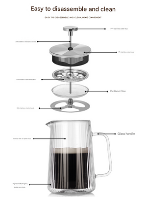 Double Wall French Press | 650ml | Ribbed Glass | Heat Resistant | Tea & Coffee