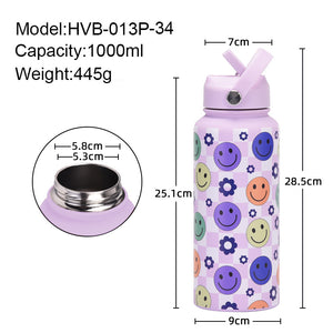 Insulated Water Bottle 1L | Style 27A Purple Smiley Face Print | Stainless Steel with Straw Lid & Handle | BPA-Free