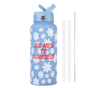 Insulated Water Bottle 1L | Style 19A Blue & White Plaid | Stainless Steel with Straw Lid & Handle | BPA-Free