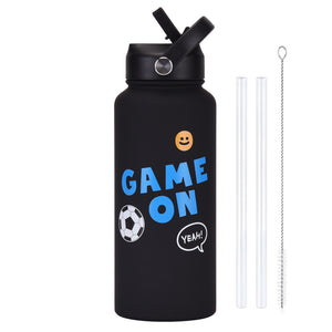Insulated Water Bottle 1L | Style 9B Black Fun Print | Stainless Steel with Straw Lid & Handle | BPA-Free