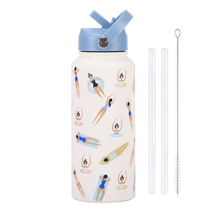 Insulated Water Bottle 1L | Style 23C White & Blue Fun Print | Stainless Steel with Straw Lid & Handle | BPA-Free
