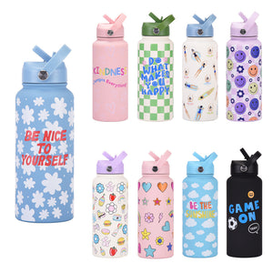 Insulated Water Bottle 1L | Style 23C White & Blue Fun Print | Stainless Steel with Straw Lid & Handle | BPA-Free