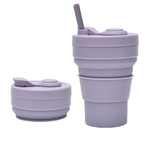 Collapsible Silicone Travel Cup 350ml 2PC | Leak-Proof Food-Grade Mug with Lid, Sleeve & Straw | Purple