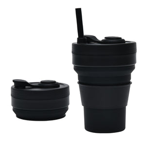 Collapsible Silicone Travel Cup 350ml 2PC | Leak-Proof Food-Grade Mug with Lid, Sleeve & Straw | Black