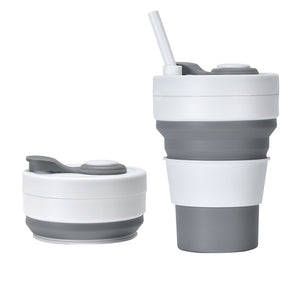 Collapsible Silicone Travel Cup 350ml 2PC | Leak-Proof Food-Grade Mug with Lid, Sleeve & Straw | White & Grey