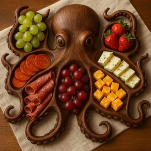 Solid Wood Octopus Charcuterie Board | Style B | Artisan Crafted | Brown