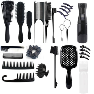 Hair Styling & Care Kit | 27-Piece | Detangler, Combs & Accessories | Black