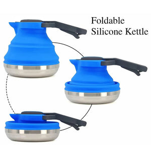 Collapsible Silicone Camping Kettle 1.5L | Portable Foldable Travel Water Boiler with Stainless Steel Base | Blue