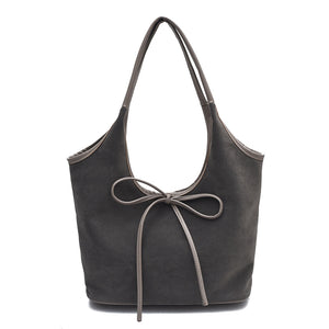 Retro Tote Bag | Suede Finish PU Leather | Large Shoulder Bag with Tie Accent | Grey