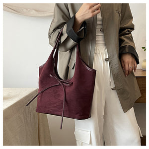 Retro Tote Bag | Suede Finish PU Leather | Large Shoulder Bag with Tie Accent | Claret Red