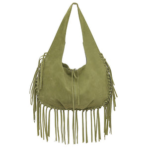Hobo Tote Bag | Boho Chic | Soft Faux Suede | Large Capacity | Fringed Tassel | Green