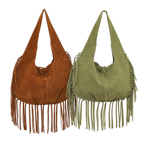 Hobo Tote Bag | Boho Chic | Soft Faux Suede | Large Capacity | Fringed Tassel | Green