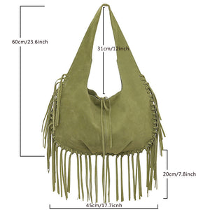 Hobo Tote Bag | Boho Chic | Soft Faux Suede | Large Capacity | Fringed Tassel | Green