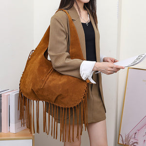 Hobo Tote Bag | Boho Chic | Soft Faux Suede | Large Capacity | Fringed Tassel | Brown