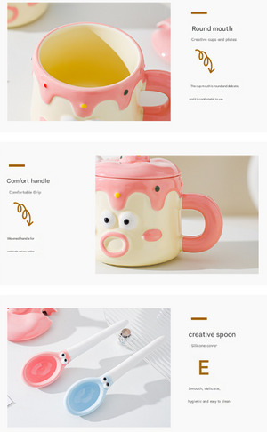 Ceramic Mug Set | Cartoon Character Cake Design with Lid & Spoon | 420ml | Pink